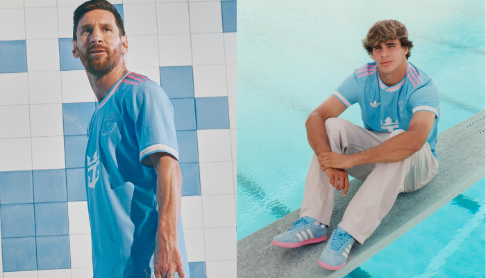 Terceira camisa Inter Miami 2025 Adidas azul celeste com riscos verticais, gola branca com linhas rosas, punhos brancos, três listras rosa nos ombros, escudo azul celeste e branco.