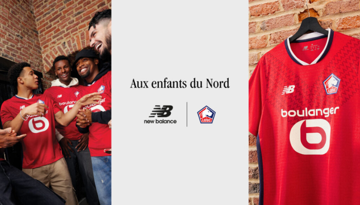 Camisa titular Lille New Balance 2024/25 vermelha com chevron em zigue-zague e selo de 80 anos.