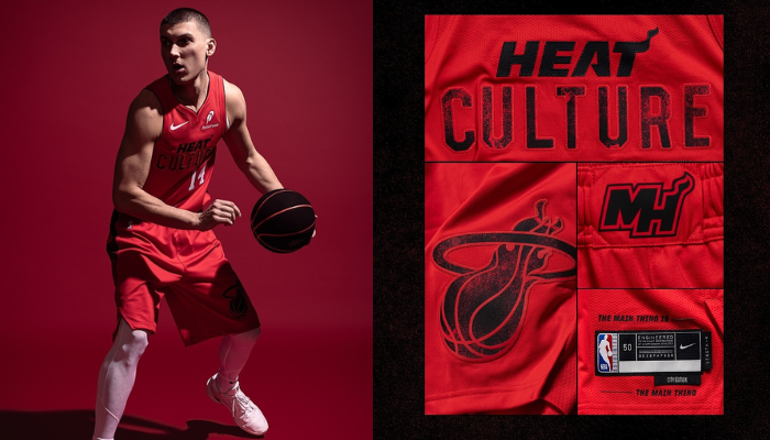 Regata City Edition do Miami Heat 2024-25 Nike em vermelho Blood Red, homenageando o legado da franquia, com design marcante que simboliza o lema Bleed Heat Red.