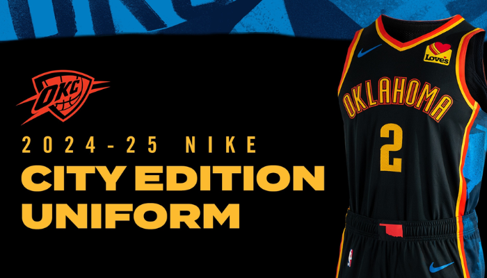 Regata Oklahoma City Thunder City Edition Nike 2024/25 em azul com destaque para o nome Oklahoma e fivela de cinto estilizada.