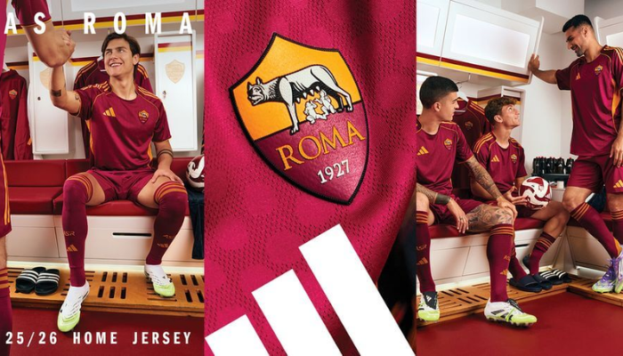 Camisa titular Roma adidas 2025/26 vermelha com detalhes amarelos retrô