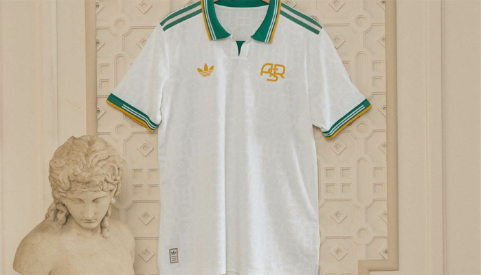 Terceira camisa da Roma Adidas 2025/26 branca com gola verde e detalhes amarelos