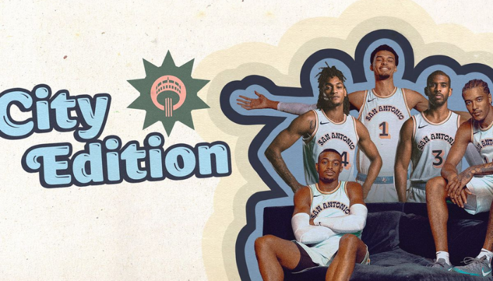 Regata San Antonio Spurs City Edition Nike 2024/25 com estampas inspiradas em azulejos Talavera e cores vibrantes homenageando o Hemisfair.