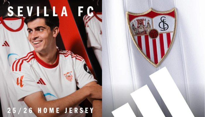 Camisa titular Sevilla Adidas 2025/26 branca com gola e detalhes vermelhos