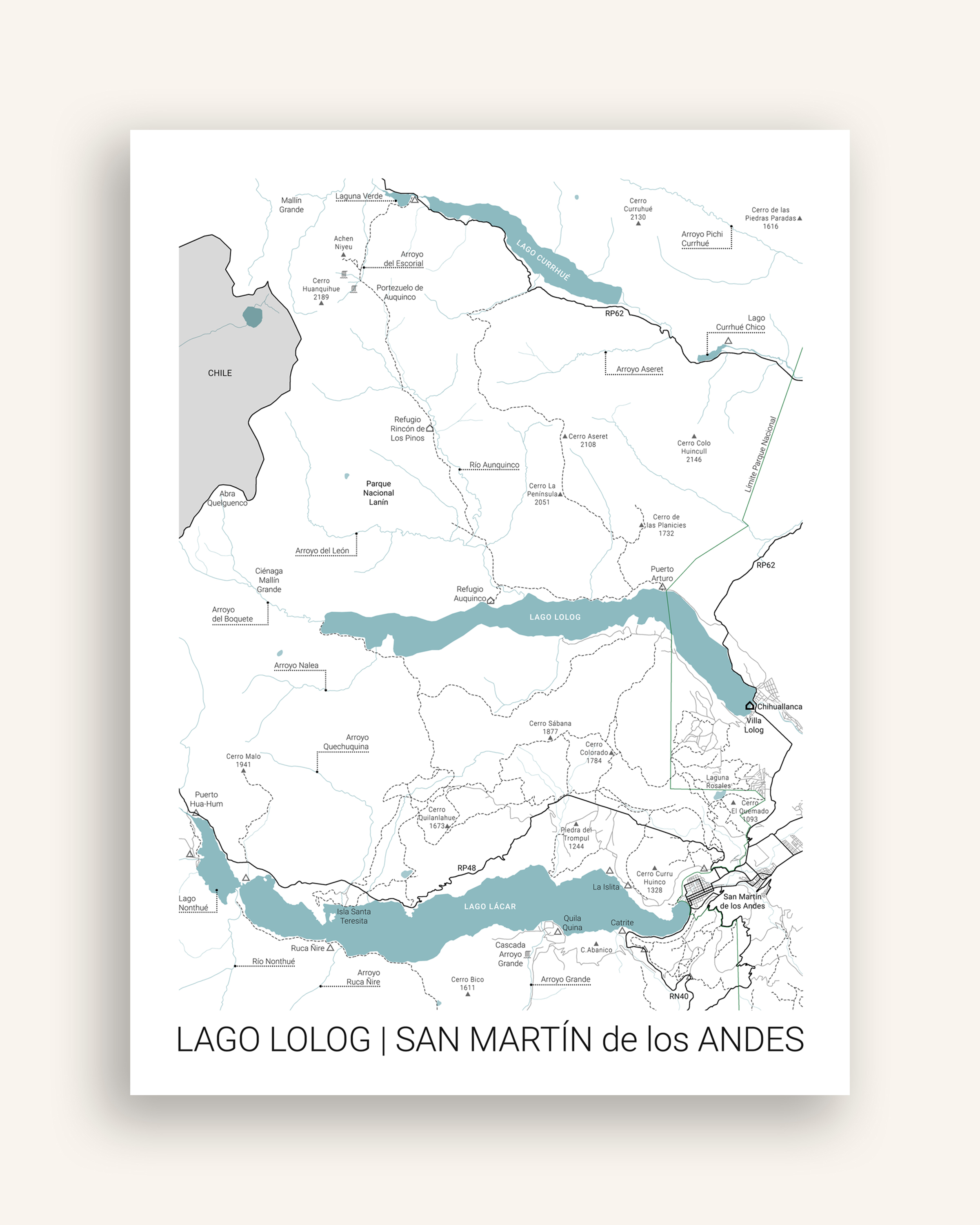 Mapa a medida — mapa regional de un lago cordillerano