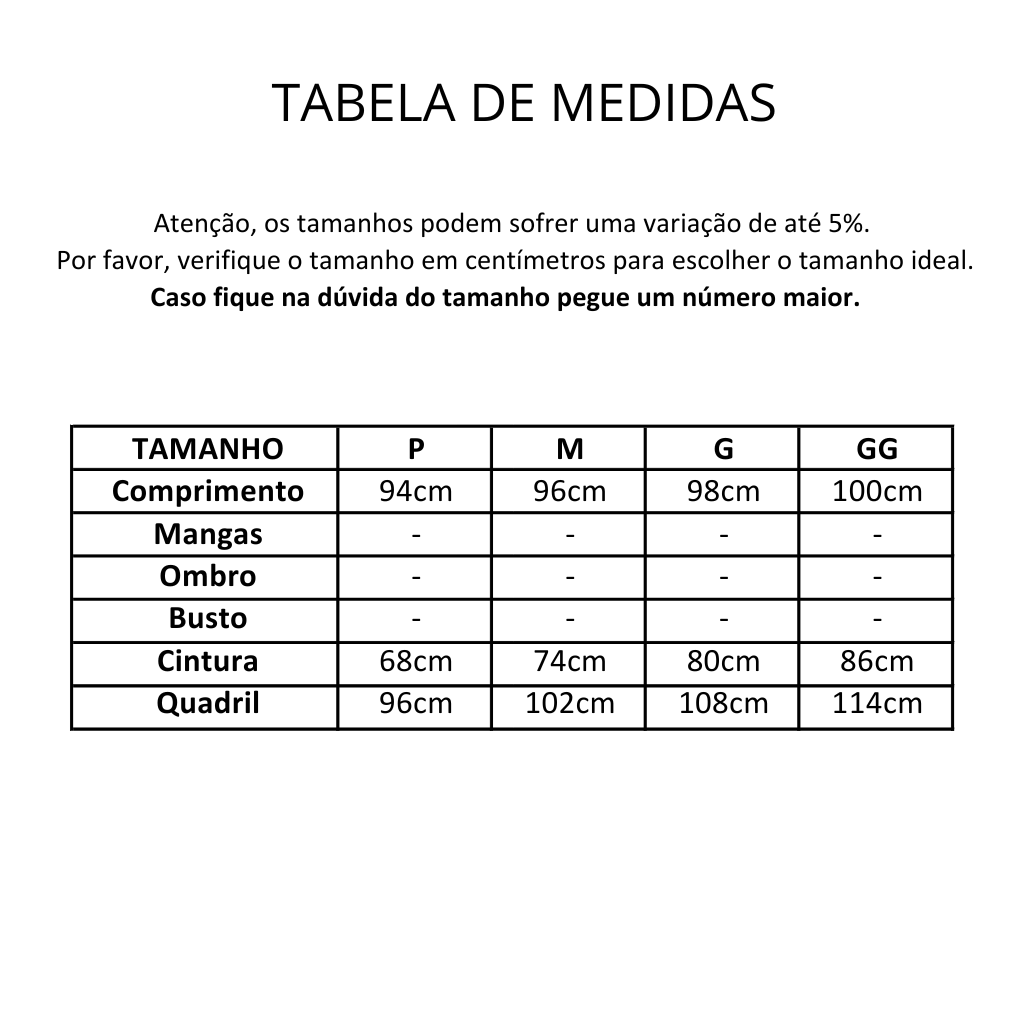 tabela de tamanhos