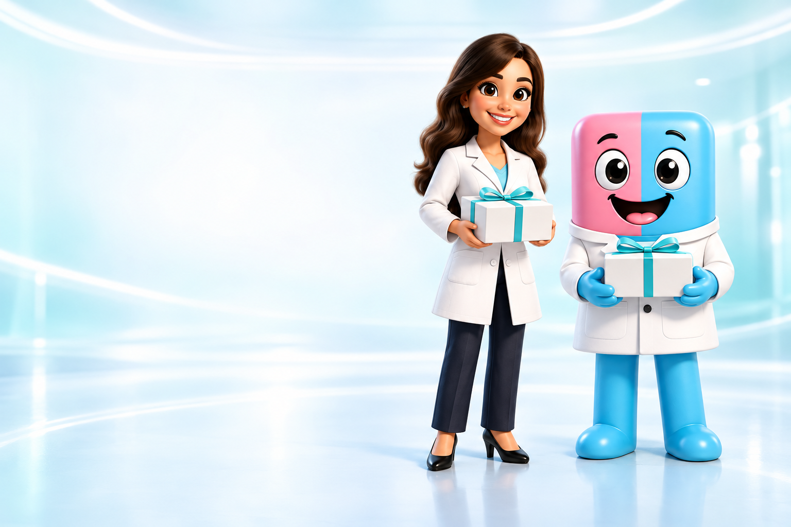 Michelinha e Broquinha segurando pacotes para acompanhar seu atendimento