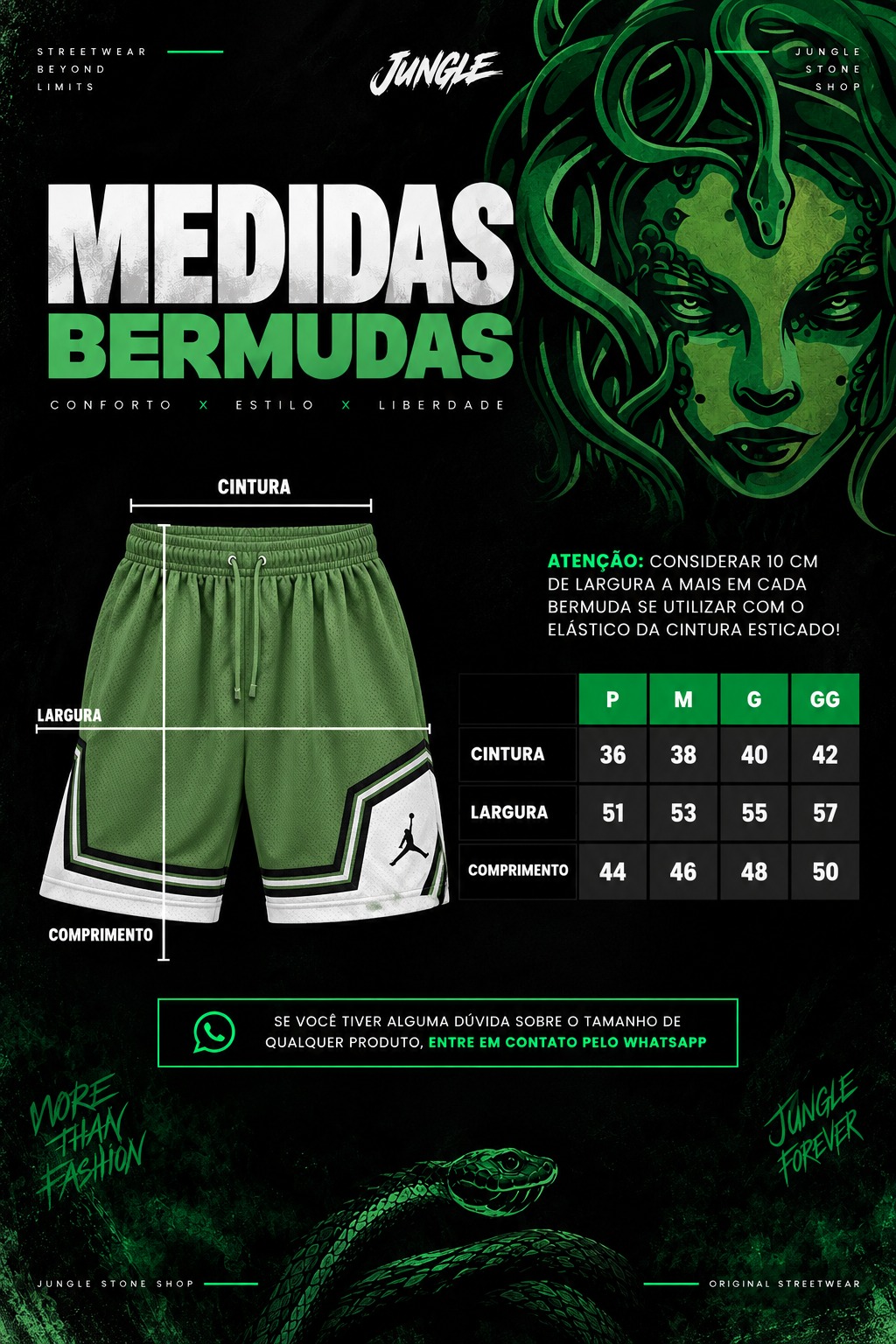 Tabela de medidas bermudas Jungle Stone - P, M, G e GG