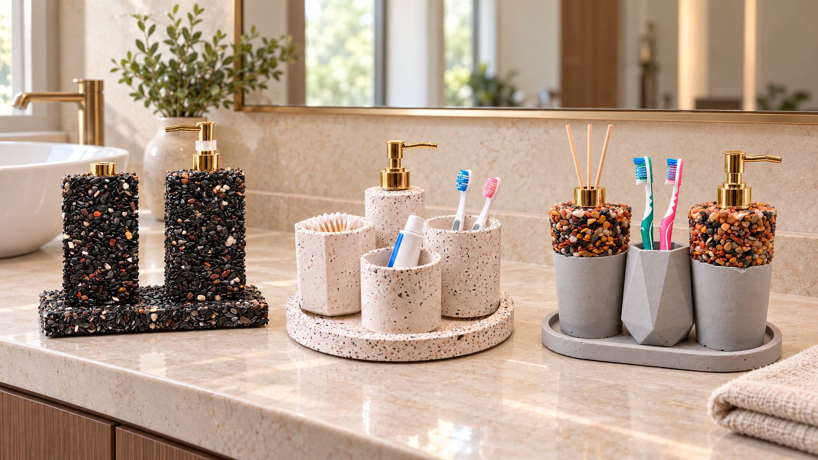 Três kits artesanais da Multitudo Casa em um lavabo com luz natural.