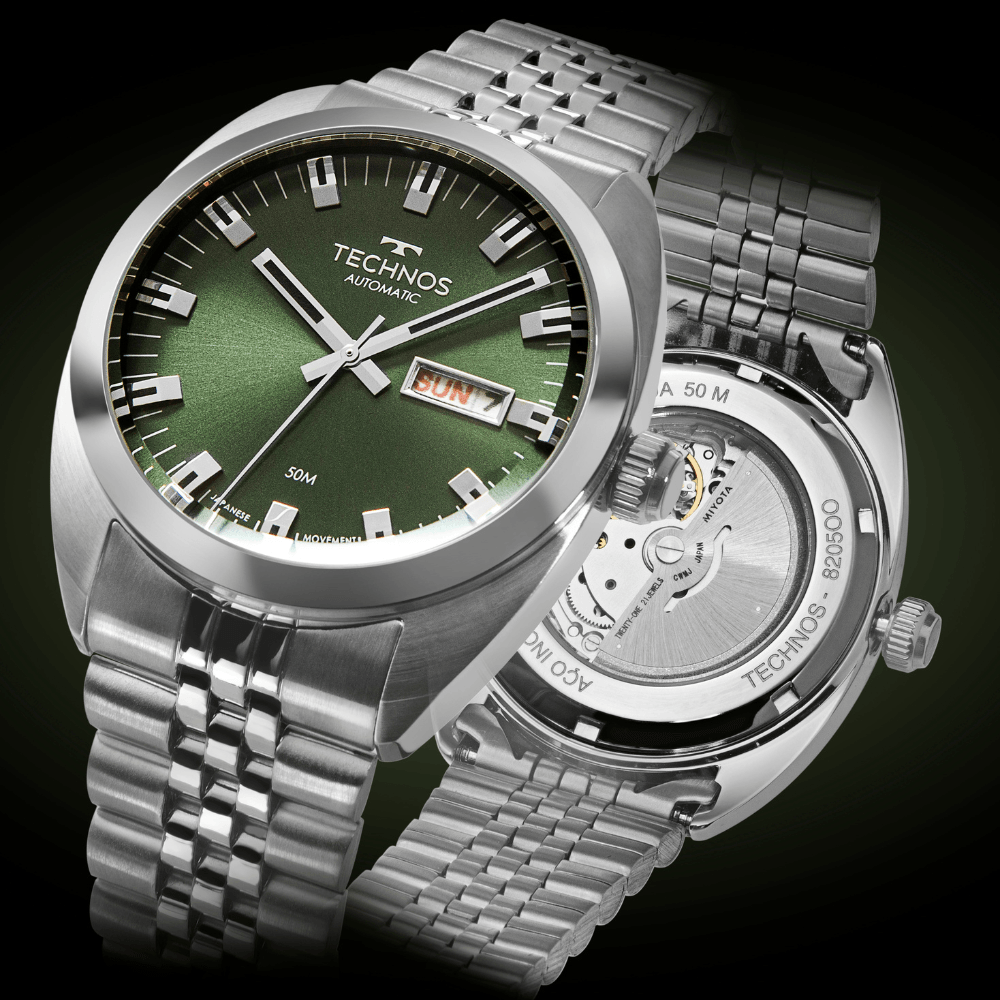 rel&oacute;gio technos autom&aacute;tico fundo transparente caseback vidro de safira