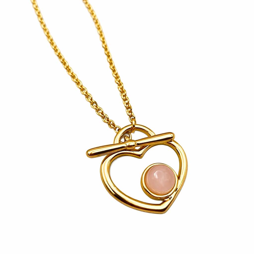 colar 45 cm com pingente coração pedra natural quartzo rosa