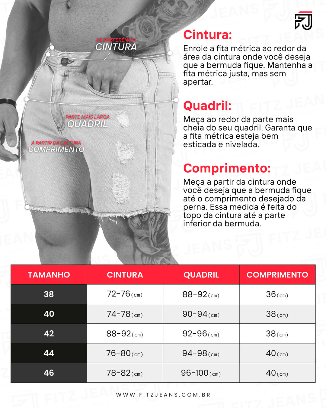 Tabela de medidas shorts sarja