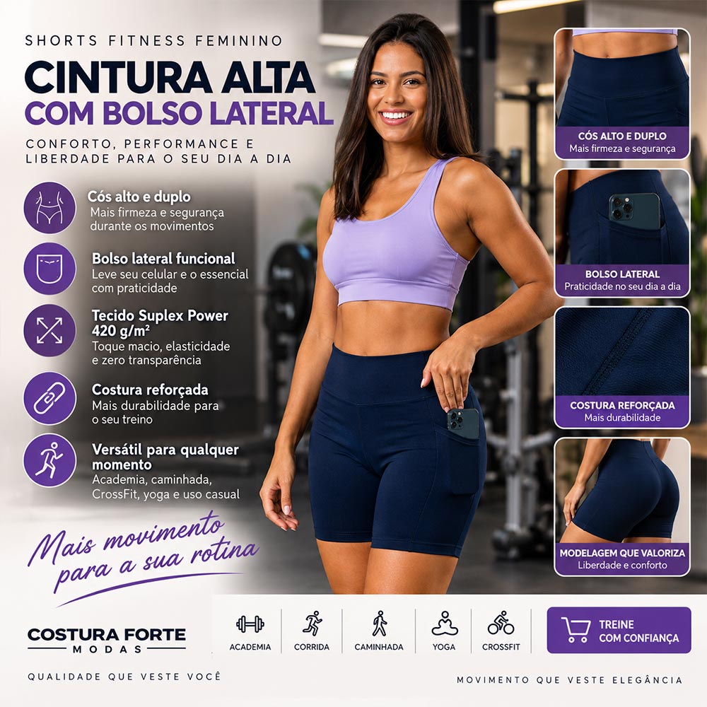 Shorts Feminino Cintura Alta com Bolso Lateral