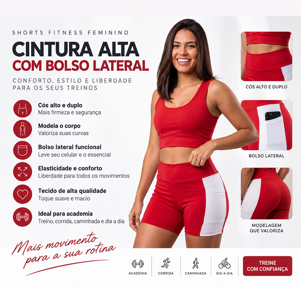 Shorts Feminino Cintura Alta com Bolso Lateral Fitness