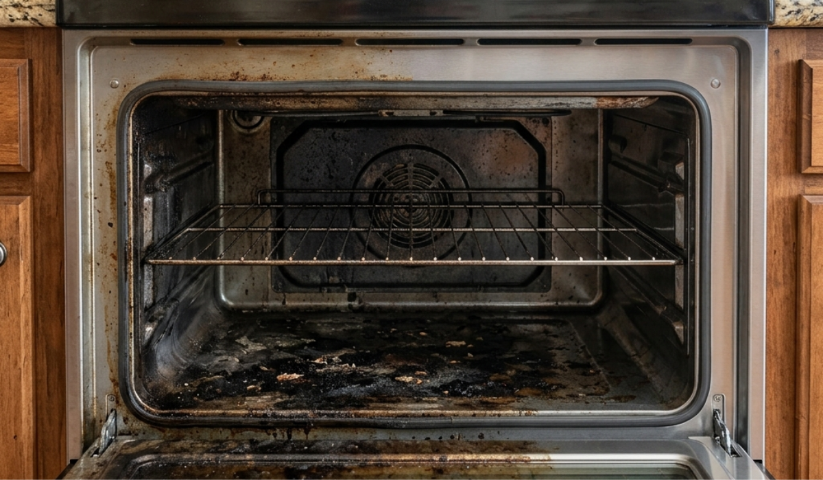 Grasa reseca y residuos carbonizados antes de utilizar el Limpiador de Hornos y Parrillas Penetrit