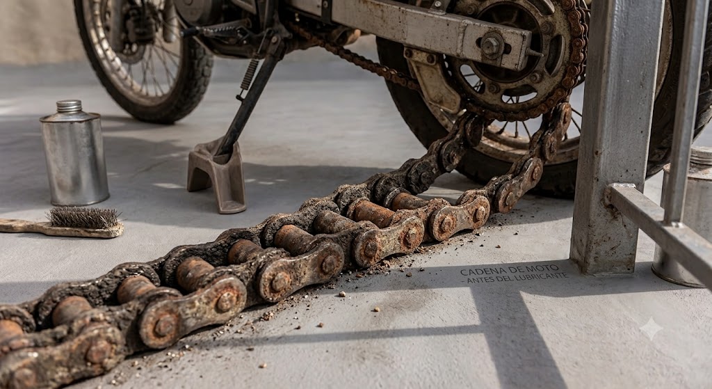 Cadena de moto antes de aplicar el Lubricante de Cadenas Penetrit