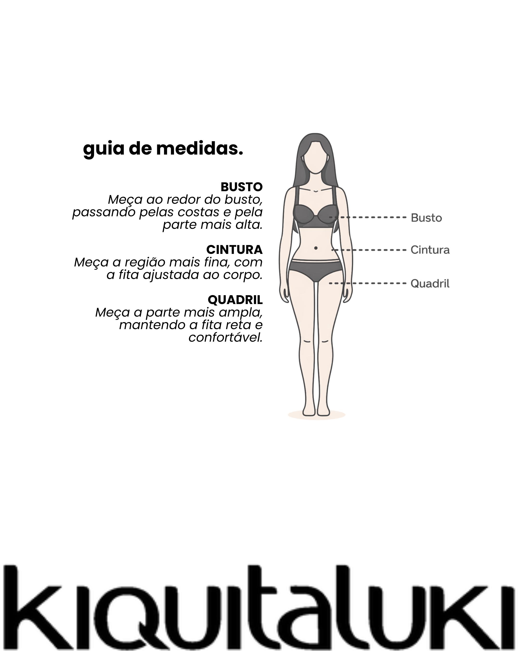 Guia ilustrado para medir busto, cintura e quadril