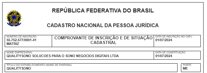 Comprovante de Inscrição e Situação Cadastral do CNPJ 55.752.577/0001-41 da QualitySono na Receita Federal, situação ativa