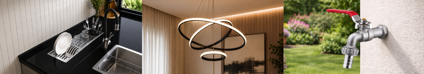 Imagens de outros itens como lustre ou pendente para indicar nossa categoria de iluminação, calha úmida e torneira para jardim, mostrando que temos produtos para toda a casa.
