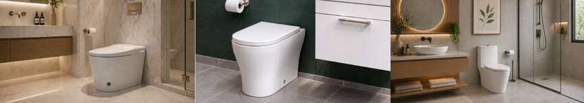 Imagens ilustrativas de 3 modelos de vasos sanitários que temos aqui na loja