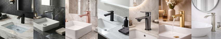 Composição de imagens de várias torneiras monocomando para banheiro, ambientadas em banheiros diferentes e com cores diferentes. Ilustrando as possibilidades de decoração com os produtos Nero Metais