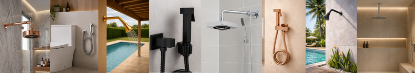 Composição de imagens de duchas a gás externas ou internas e duchas higiênicas ambientadas em diversos banheiros ou áreas externas