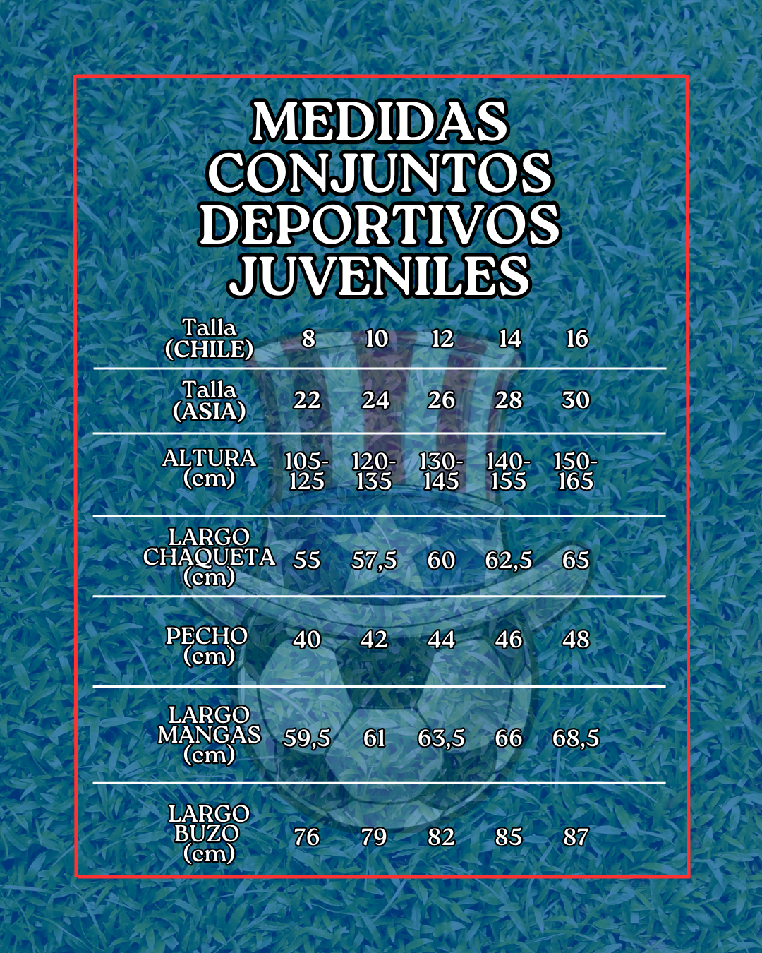 medidas conjuntos deportivos juveniles