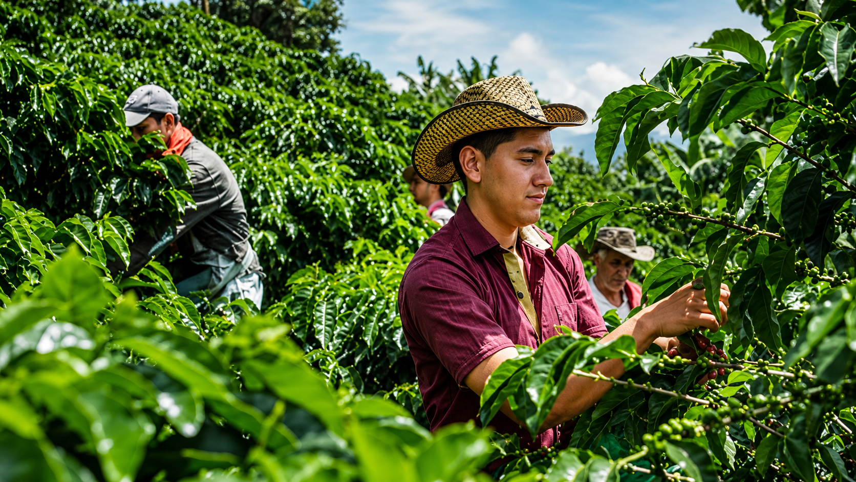 Cosechadores de café colombiano en la finca
