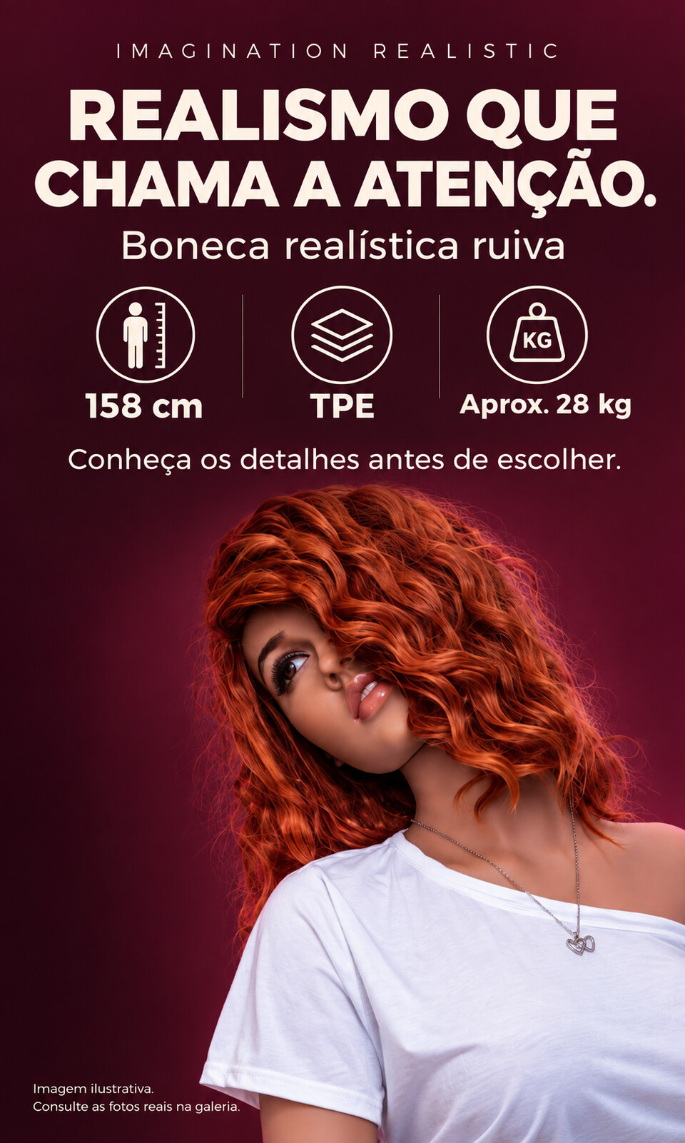 Boneca real&iacute;stica ruiva de 158 cm em TPE. Imagem ilustrativa; consulte as fotos reais na galeria.