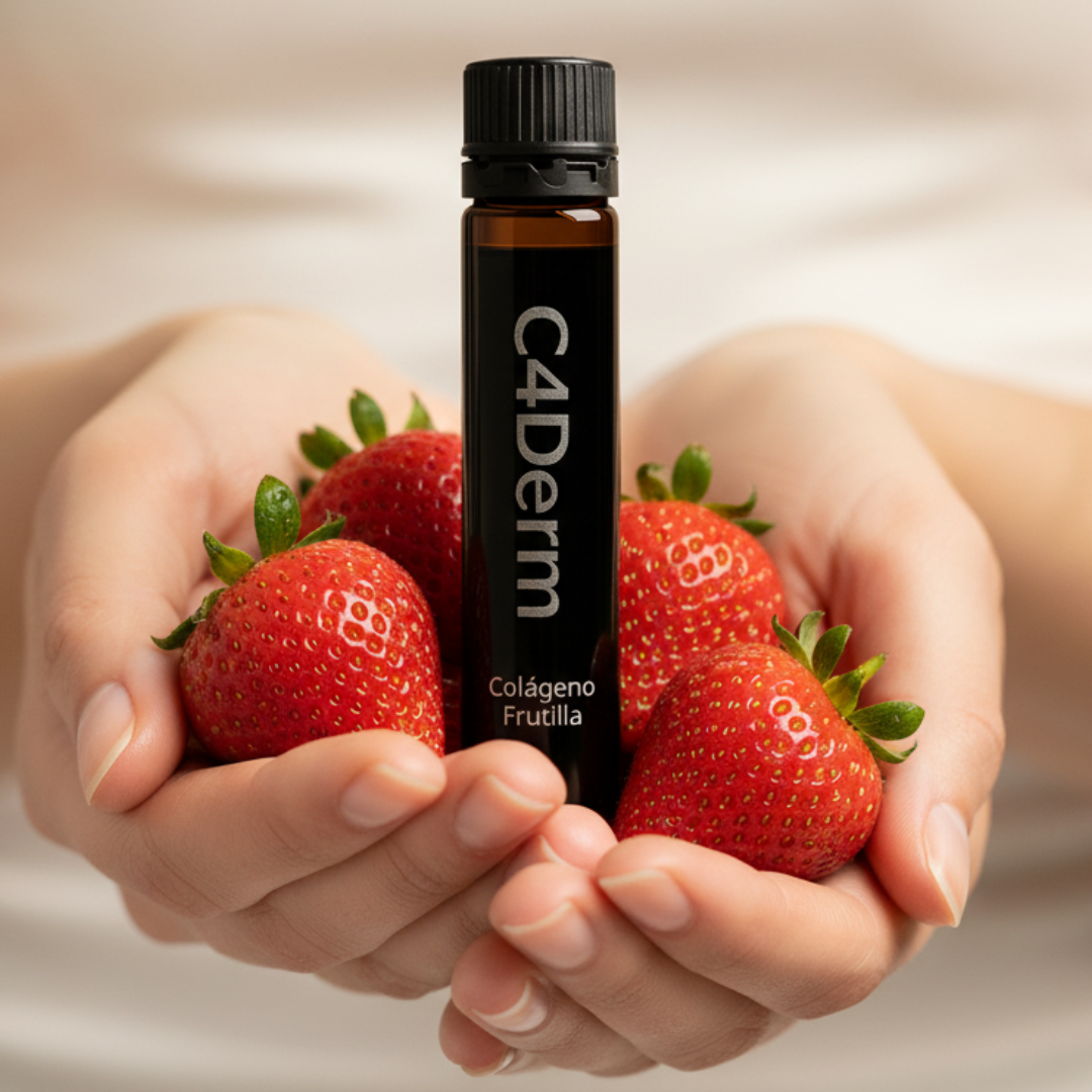 C4DERM Beauty Shot en manos con frutillas