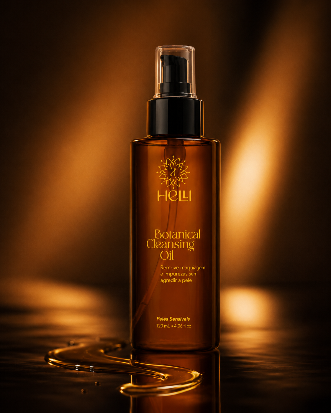 Botanical Cleansing Oil &mdash; frasco &acirc;mbar 120mL com &oacute;leo bot&acirc;nico dourado