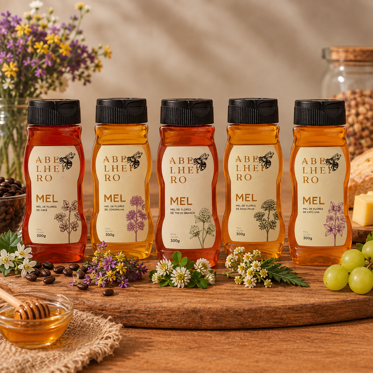 Kit Floresta Brasileira Abelheiro com cinco floradas: trevo branco, cip&oacute;-uva, caf&eacute;, coronilha e assa-peixe