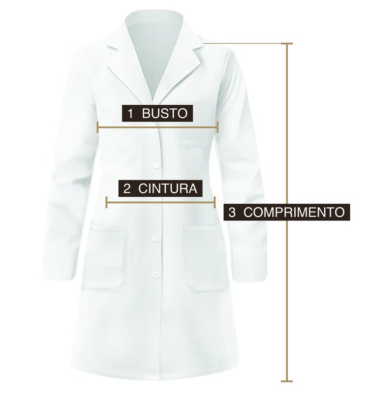 Jaleco com as linhas de medida: 1 busto, 2 cintura, 3 comprimento