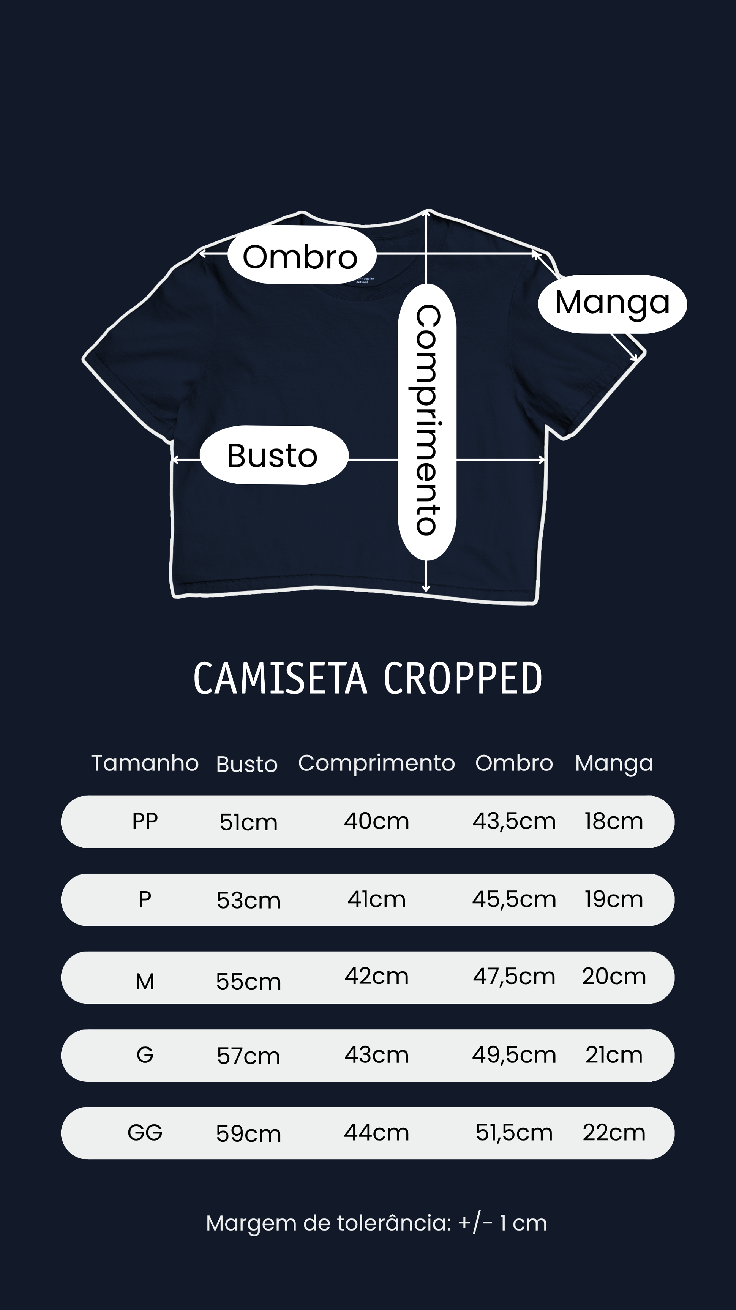 tabela medidas camiseta cropped