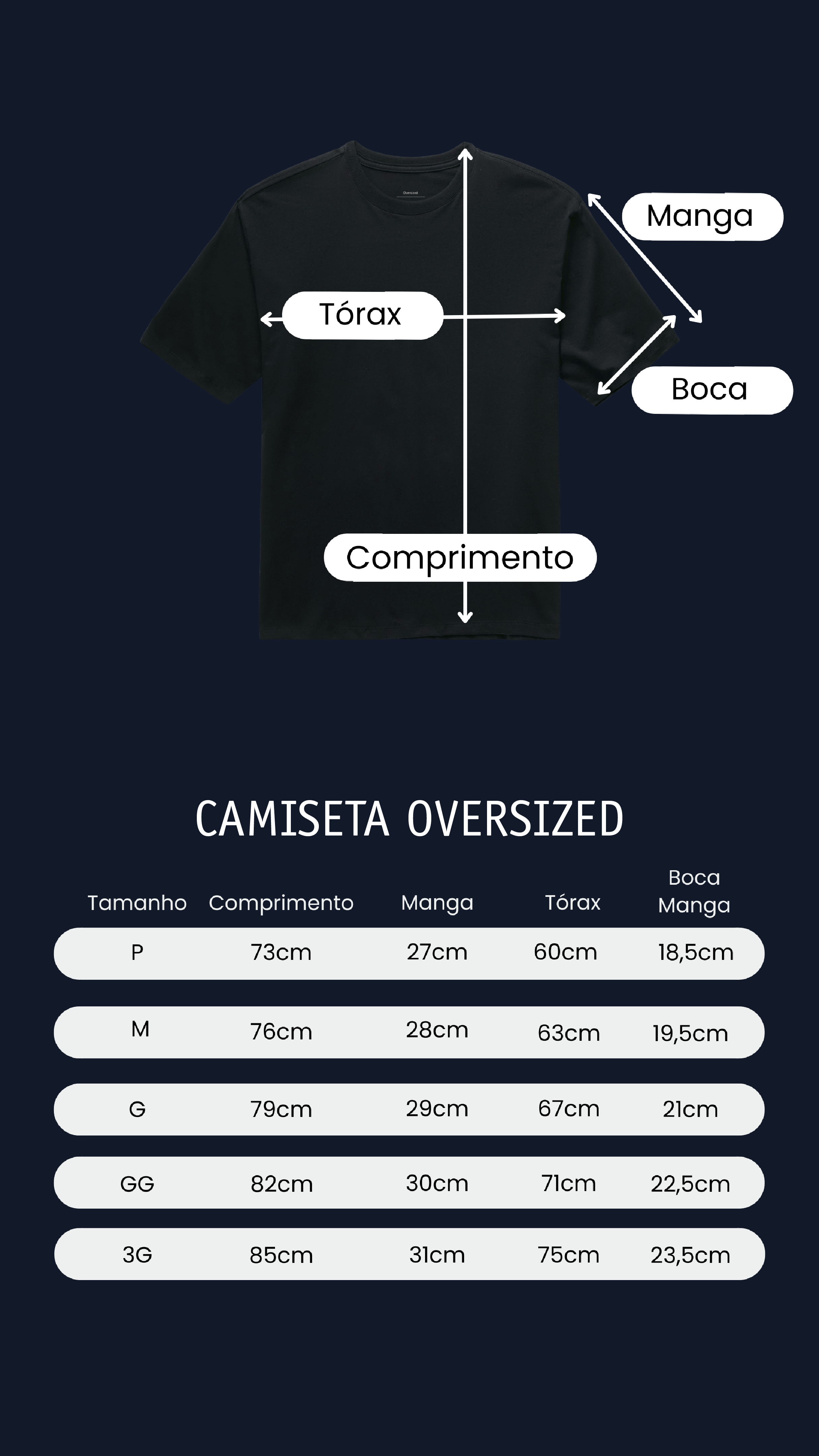 tabela medidas camiseta oversized