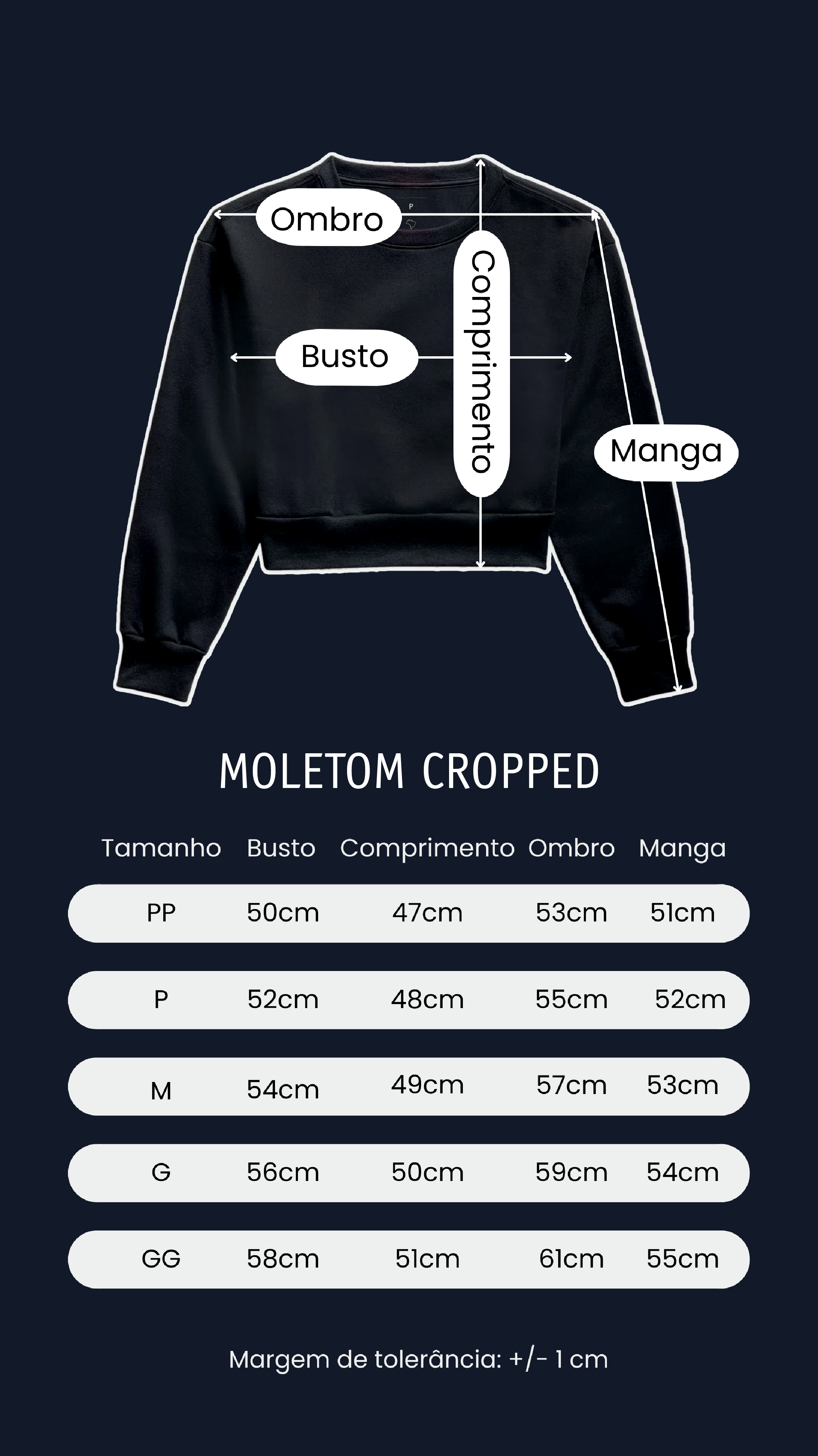 tabela medidas moletom cropped