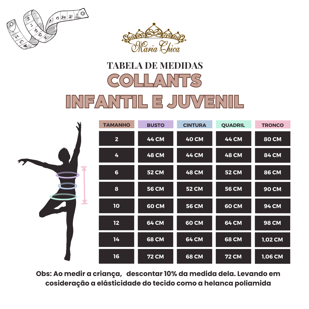 Tabela de Medidas de Collant Infantil e Juvenil