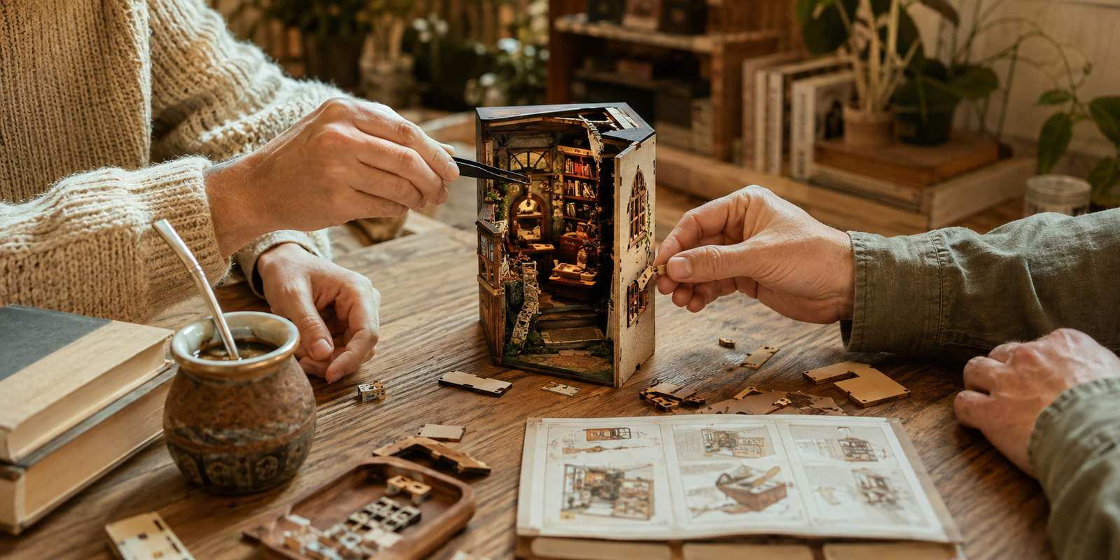 Personas armando una miniatura artesanal alrededor de una mesa