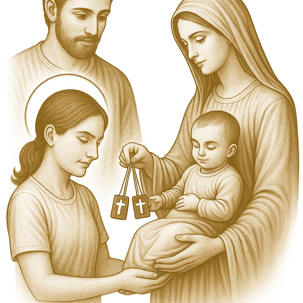 Criança ganhando um escapulário durante o batismo