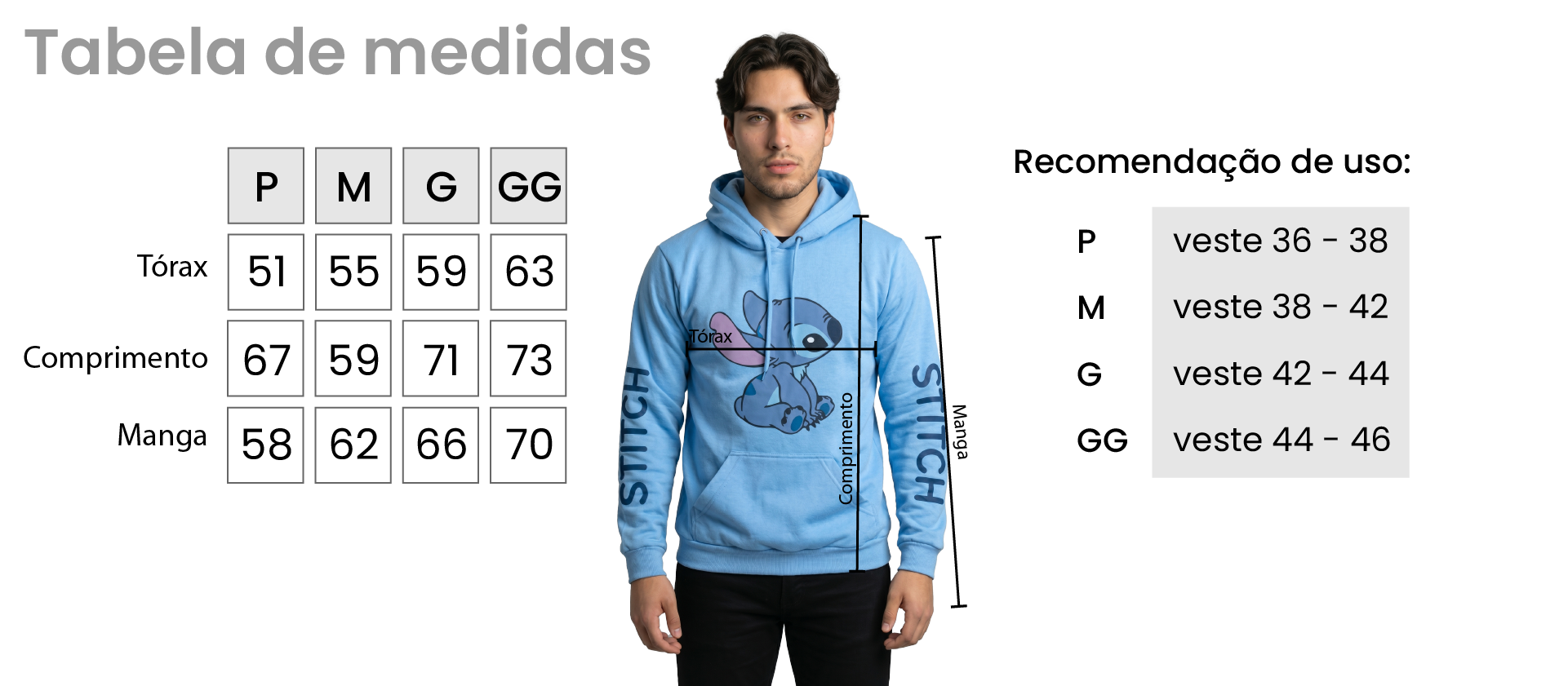 tabela de medidas moletom canguru lilo stitch algodao allvision