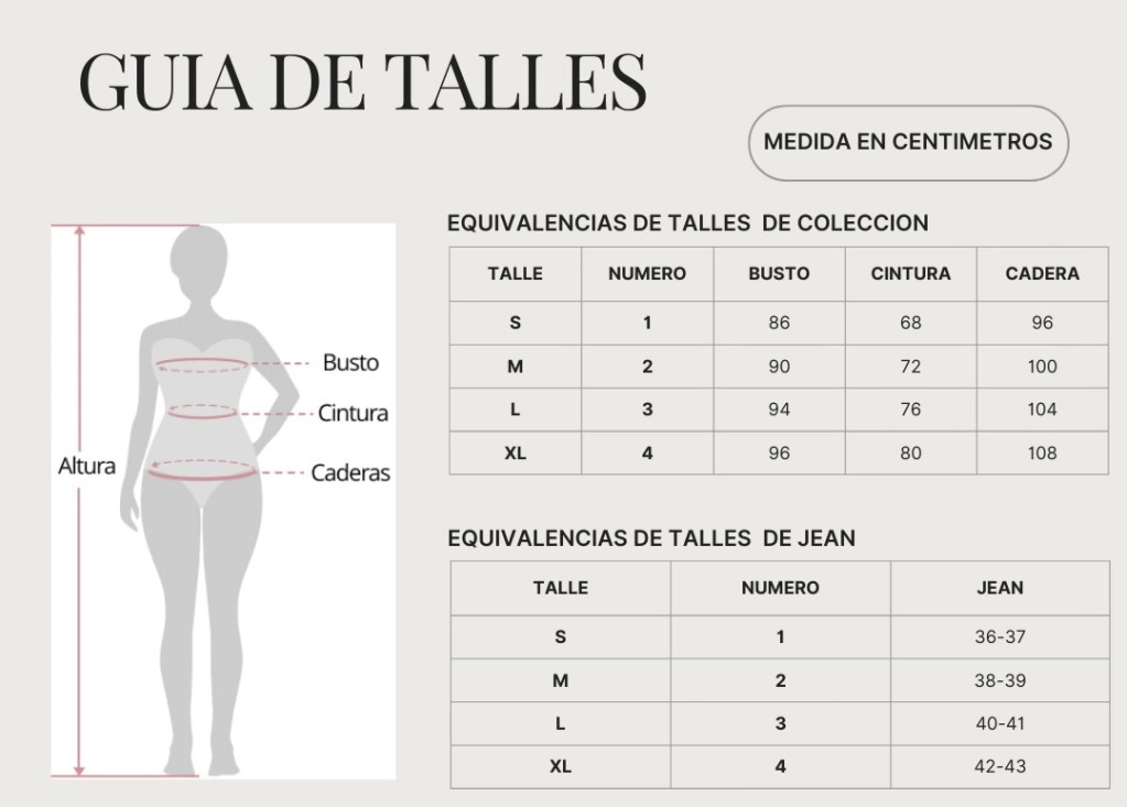 Cada prenda y modelo es unico en sus medidas y estan diseñados usando ,medidas de un cuerpo promedio para su desarrollo.