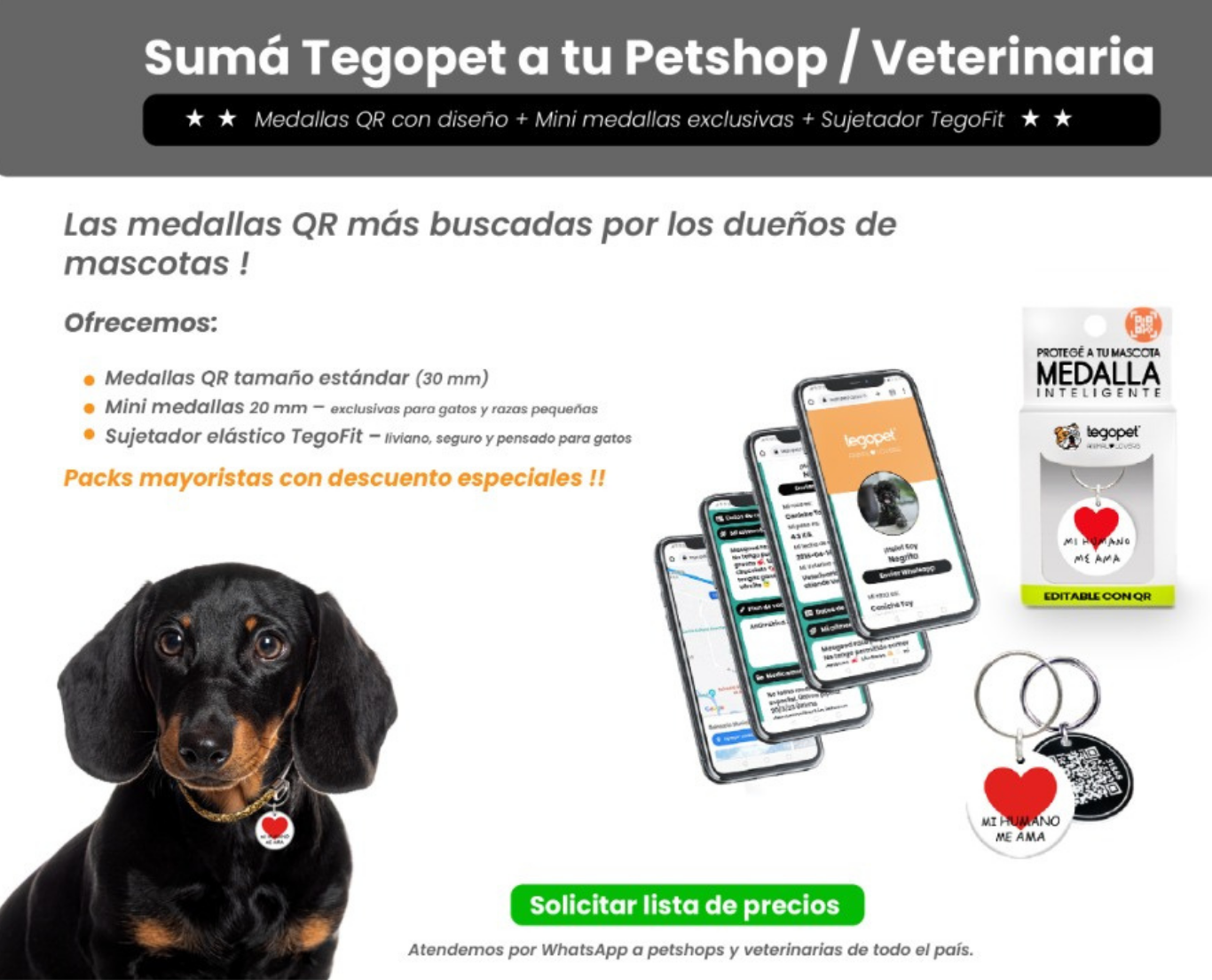 Material mayorista Tegopet con medallas QR y contexto de reventa