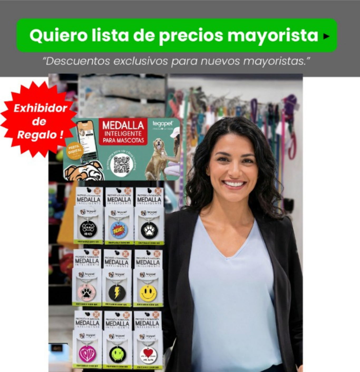 Exhibidor mayorista Tegopet con medallas QR para mascotas