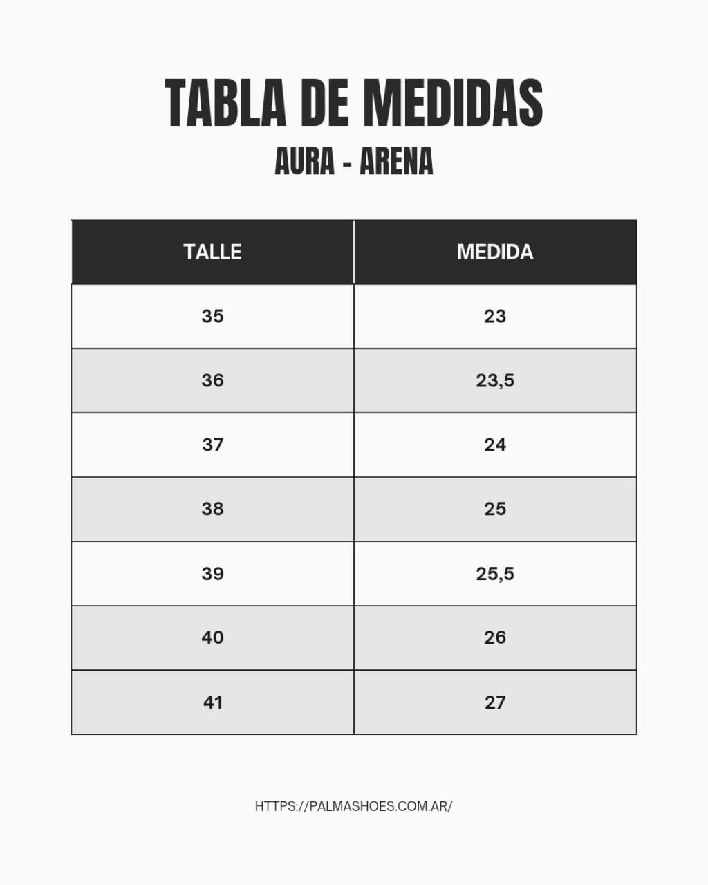 Guía de talles Palma Shoes