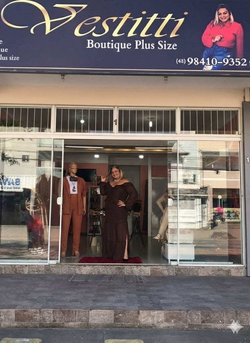 Andreia Maia, fundadora da Vestitti Boutique Plus Size, na entrada da loja em Palhoça SC
