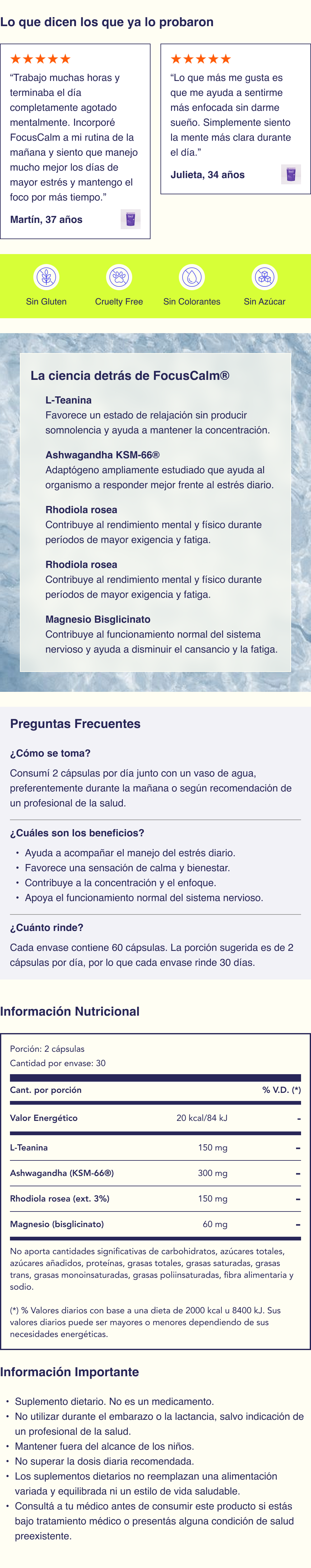 Suplemento para acompa&ntilde;ar el bienestar mental y la respuesta natural del organismo frente al estr&eacute;s cotidiano. Una f&oacute;rmula desarrollada para complementar tu rutina diaria con ingredientes seleccionados por su respaldo cient&iacute;fico. Ideal para quienes buscan mantener la calma, el enfoque y el equilibrio durante los desaf&iacute;os del d&iacute;a a d&iacute;a.
