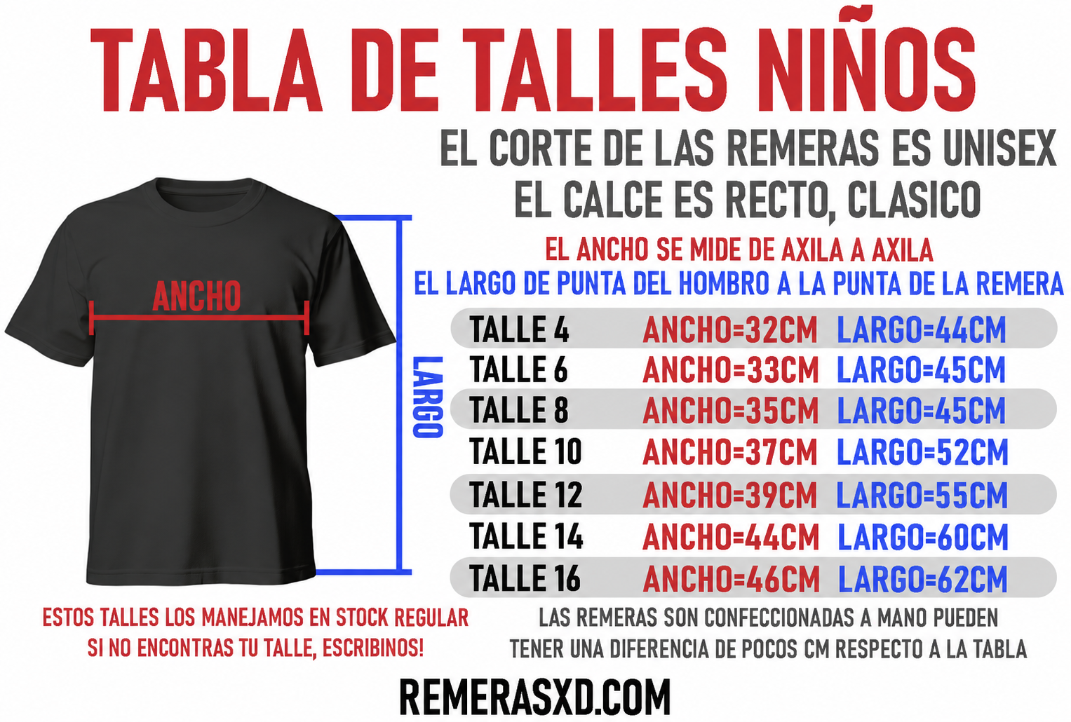Tabla de talles para niños Remeras XD
