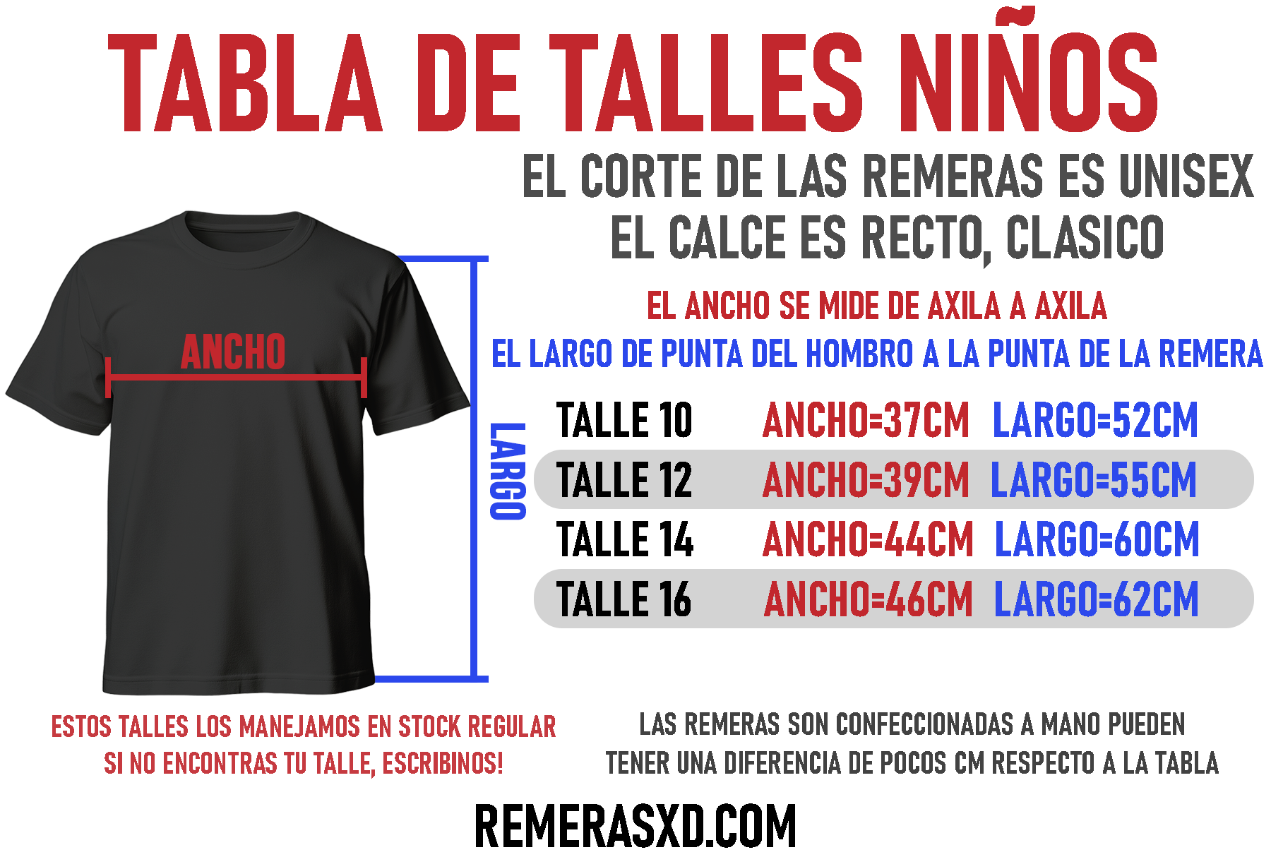 Tabla de talles para niños Remeras XD