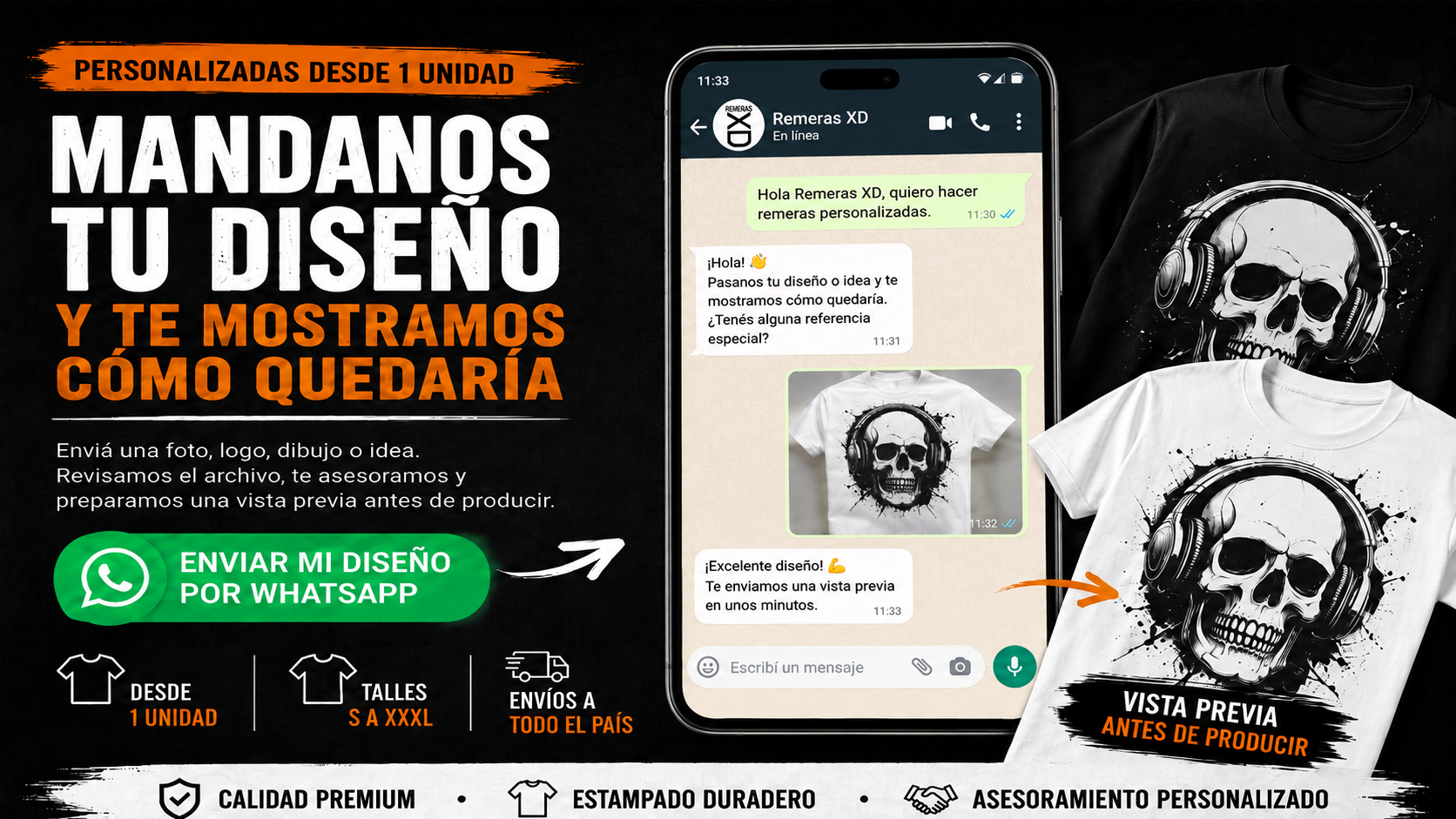 Remeras personalizadas desde una unidad. Enviá tu diseño y recibí una vista previa antes de producir.