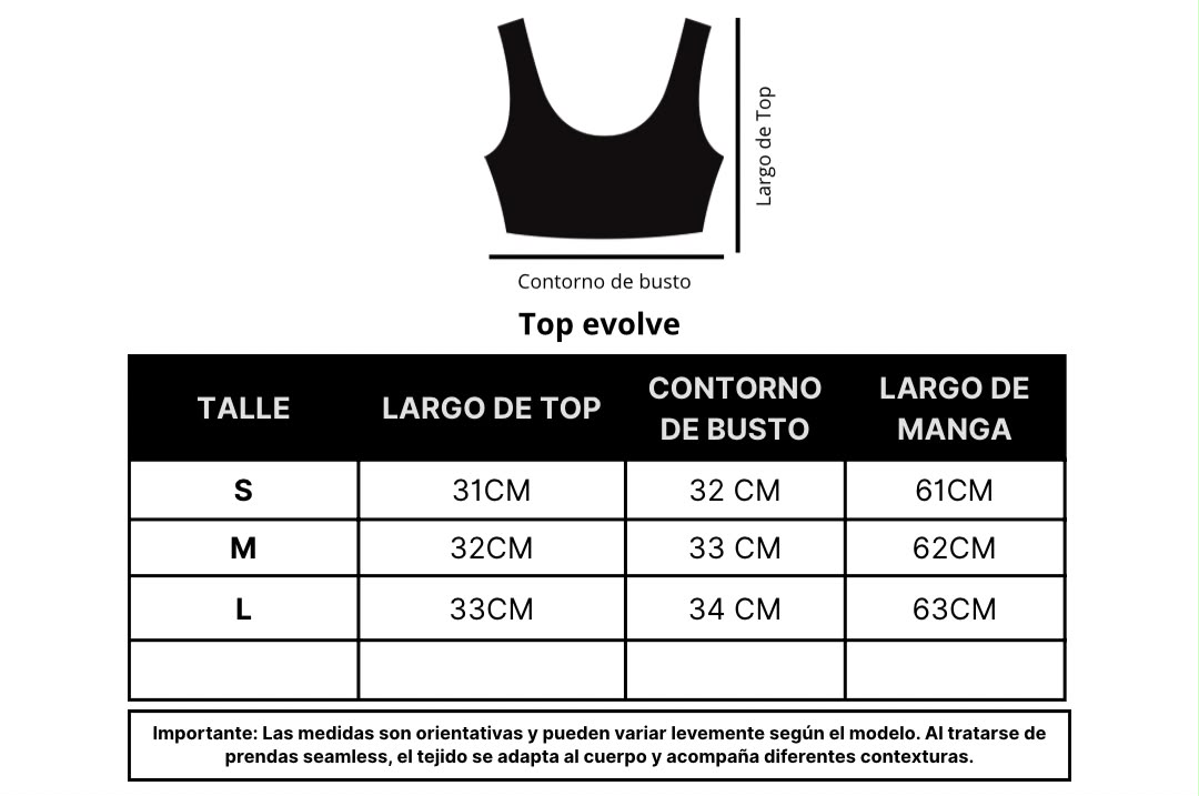 Referencia visual de medidas Top Evolve